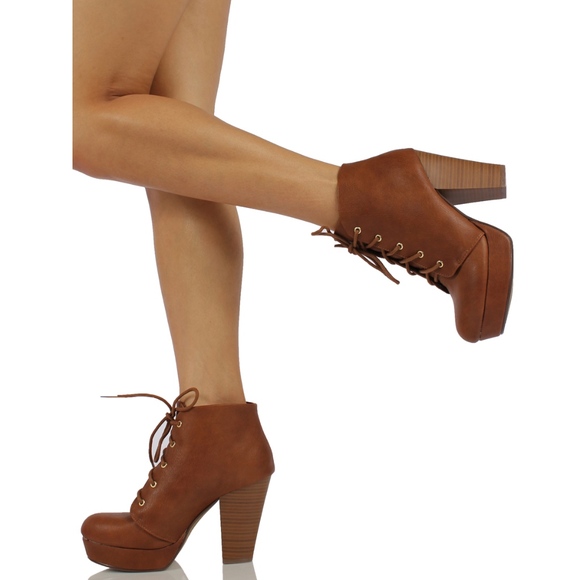 Tan Faux Leather Lace Up Platform Stack Block Heel - Picture 8 of 8